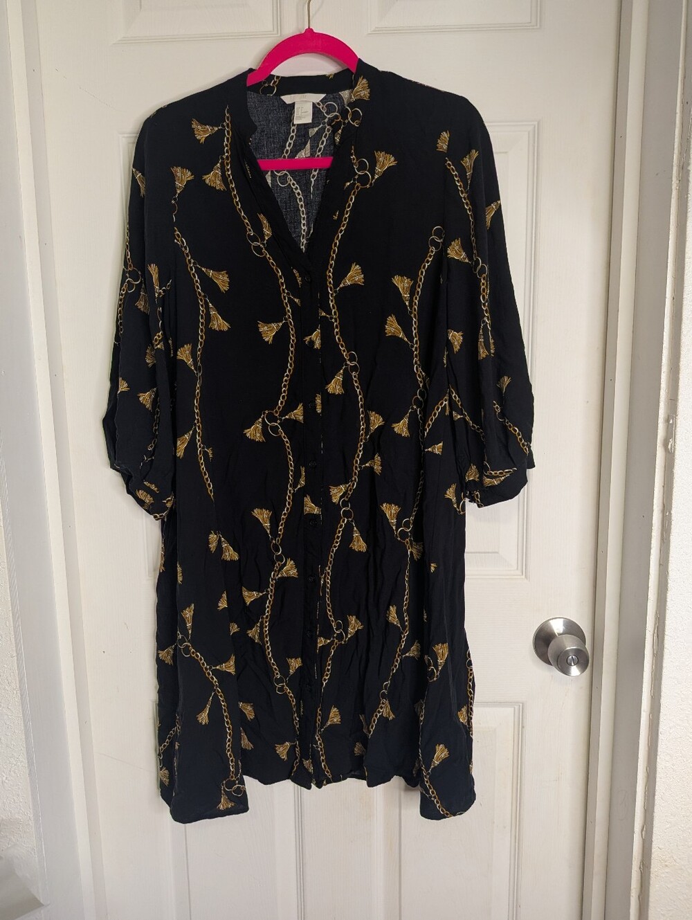 H&M Women's black and gold chain tassel print button-down shirt dress size 2